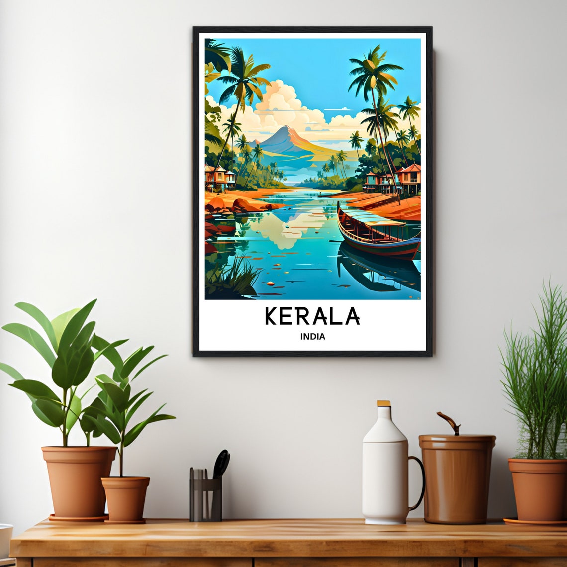 Kerala India Travel Poster of the Backwaters with Palms and a Boat - Image 2