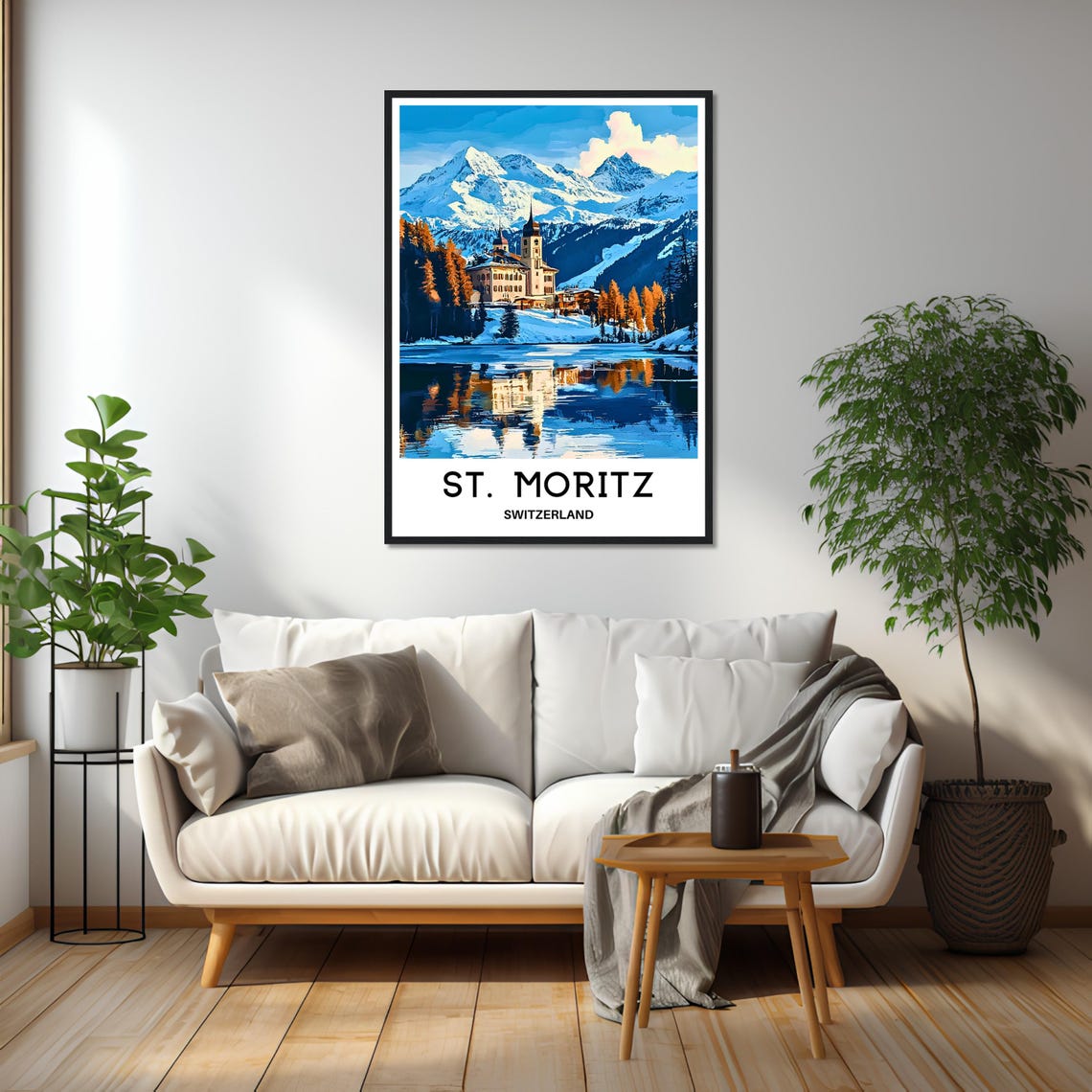 St. Moritz Switzerland Snowy Alpine Lake Village Church Winter Poster - Image 2