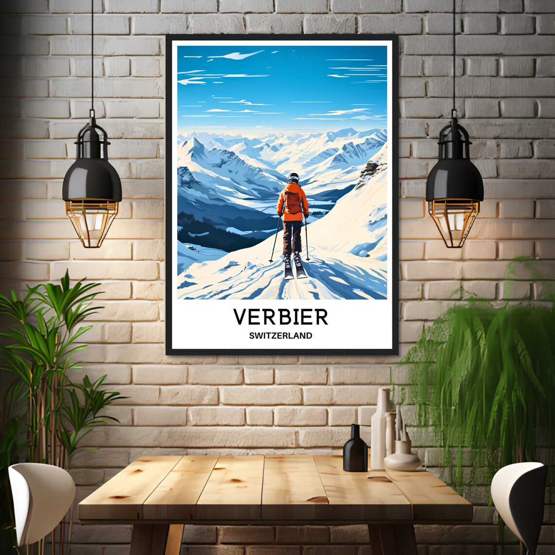 Verbier Switzerland Alpine Skier Overlooking Snowy Peaks Travel Poster - Image 3