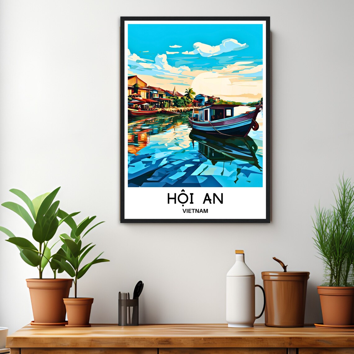 Hoi An Vietnam Riverside Wooden Boats Old Town Reflection Poster - Image 3