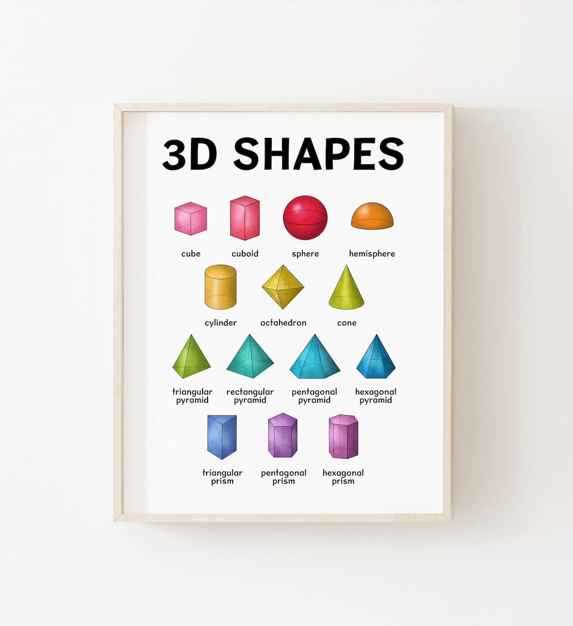 Rainbow 3D Shapes Learning Poster, Preschool Prints