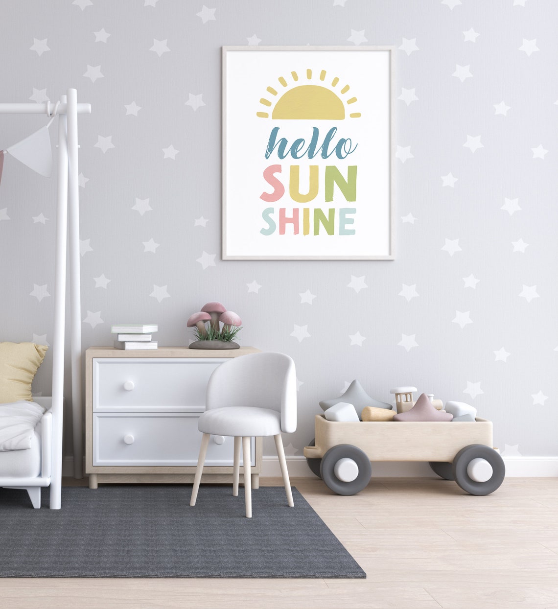 Hello Sunshine Pastel Colorful Sun Kids Nursery Quote Poster - Image 2