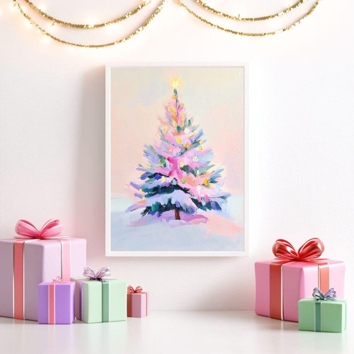 Pastel Christmas Tree Abstract Art Print, Pink Holiday - Image 2