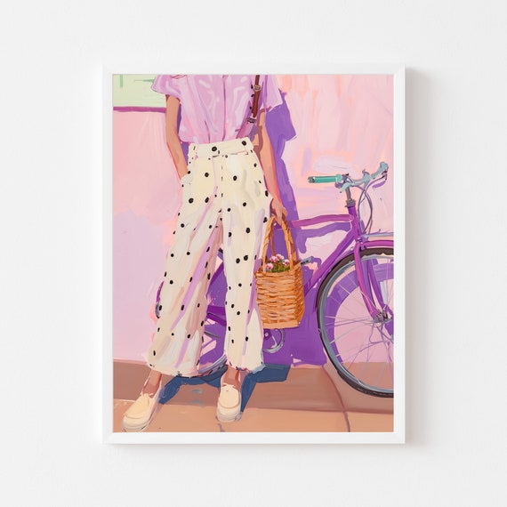 Retro Woman In Polka Dots With Bike Painting Spring Fashion Wall Art Print Colorful Pastel Girly Pink