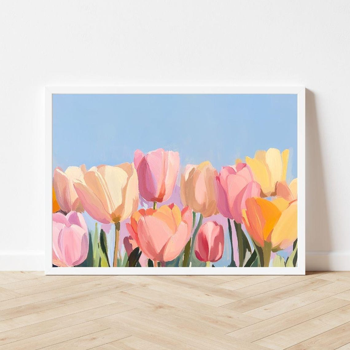 Pastel Tulip Field Under Bright Blue Sky Spring Garden Poster - Image 3