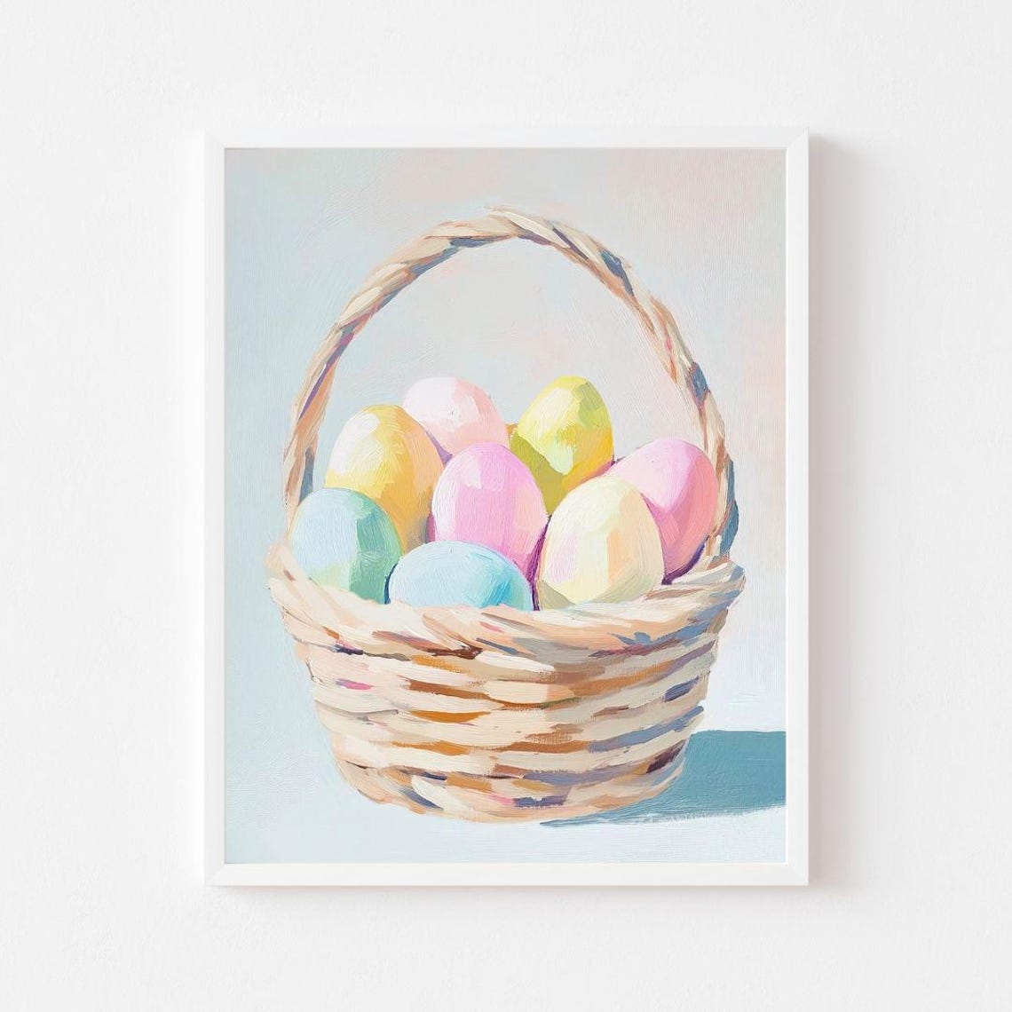 Pastel Easter Eggs in Woven Wicker Basket Spring Still Life Poster