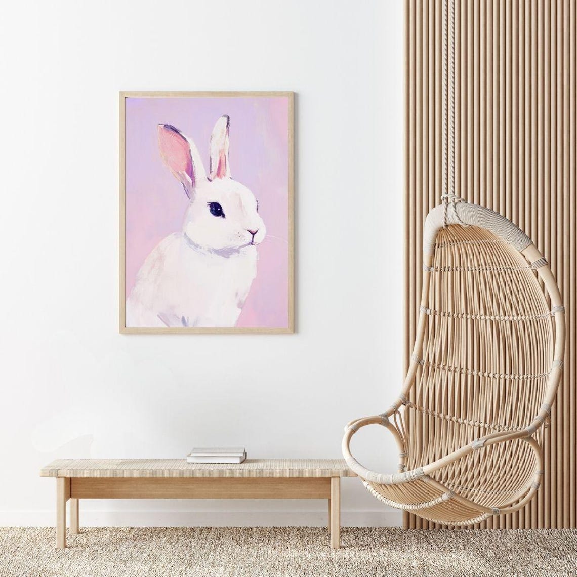 Sweet White Bunny Portrait Lavender Pastel Spring Nursery Poster - Image 2