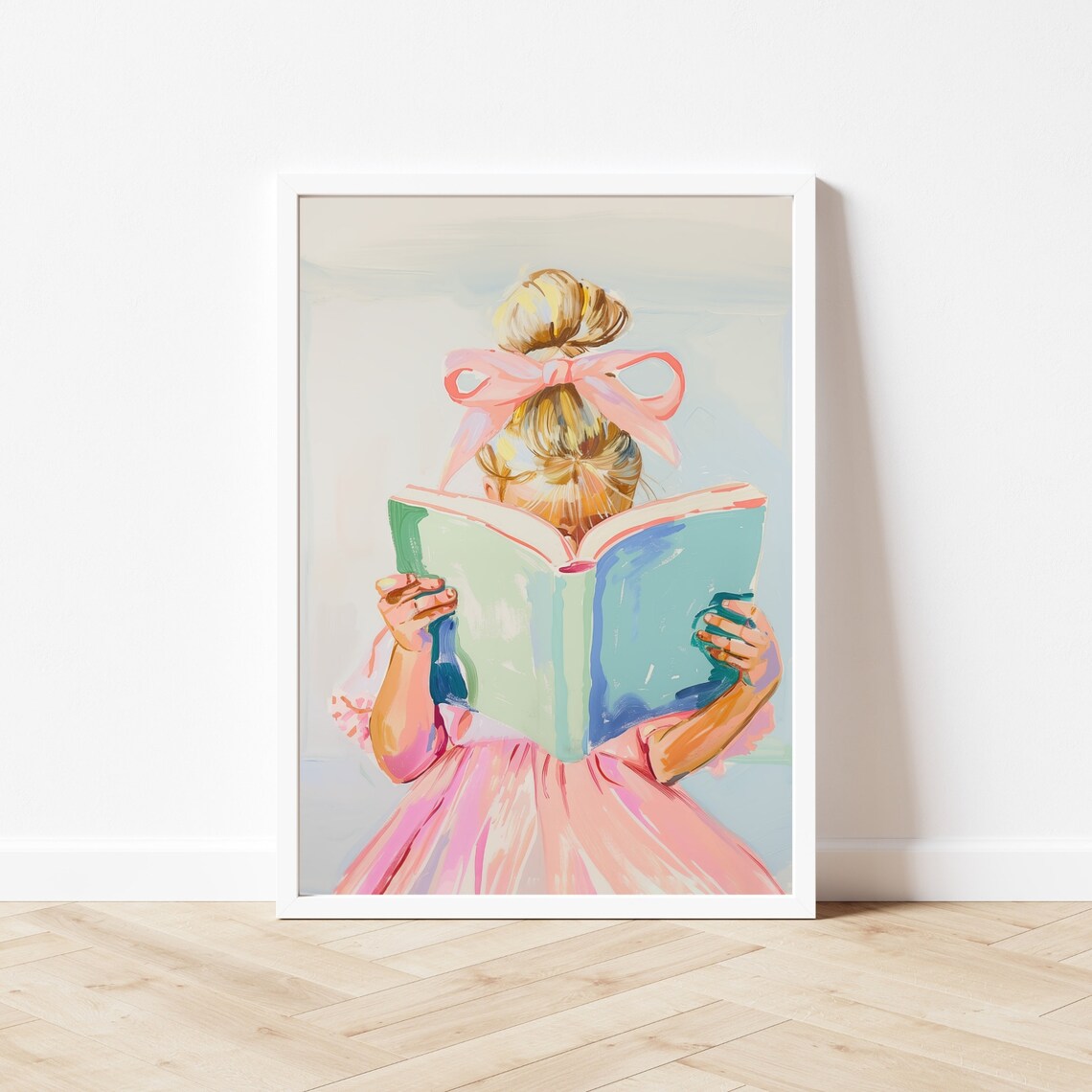 Little Blonde Girl Reading, Pastel Kids Room Art Print - Image 3