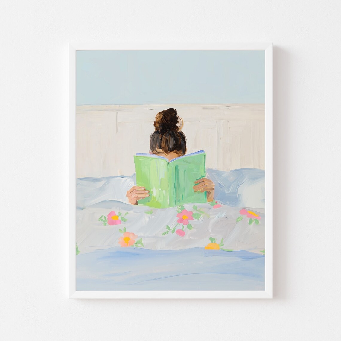 Girl Reading In Bed, Colorful Wall Art Print
