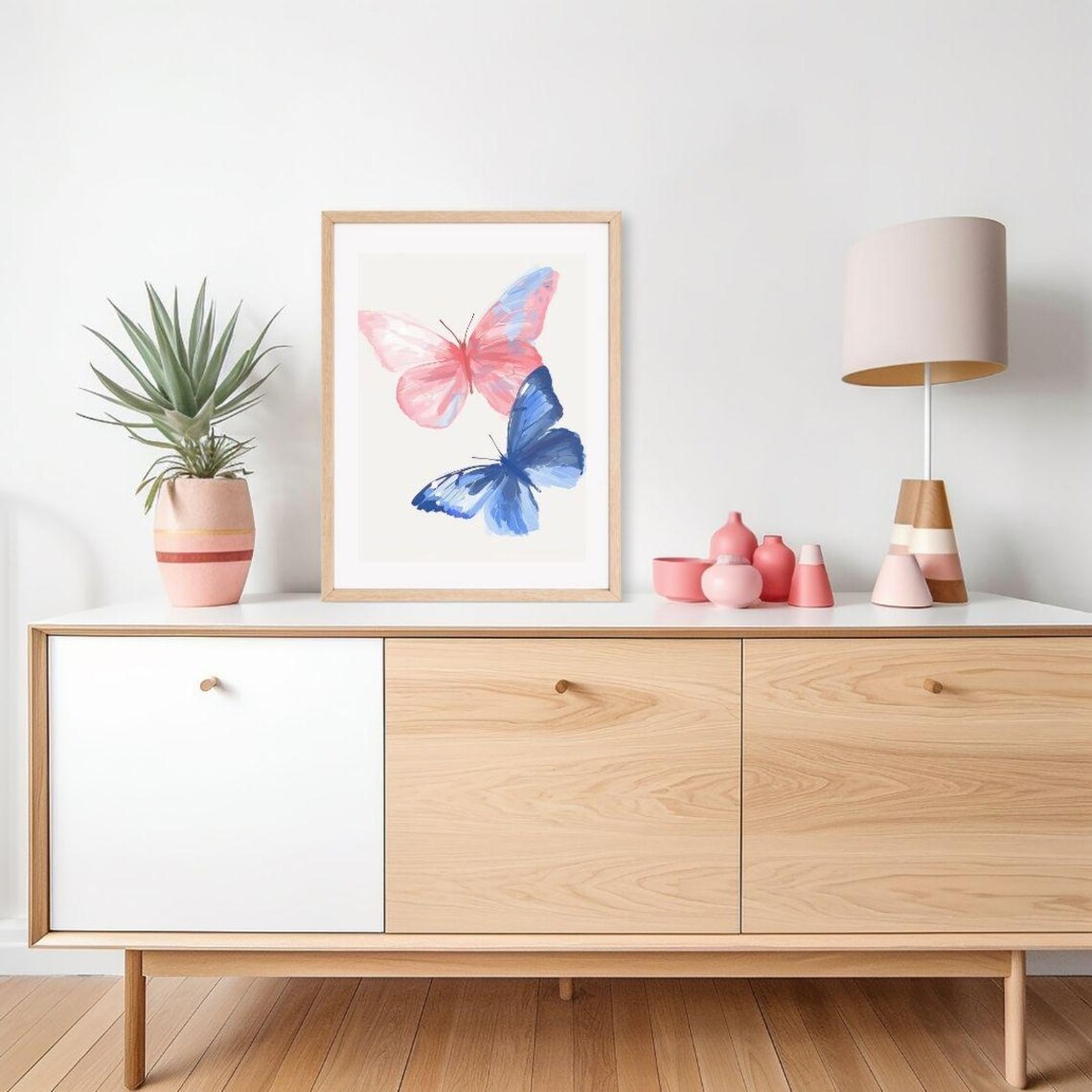 Pink and Blue Watercolor Butterflies Pair Playful Girls Room Poster - Image 2