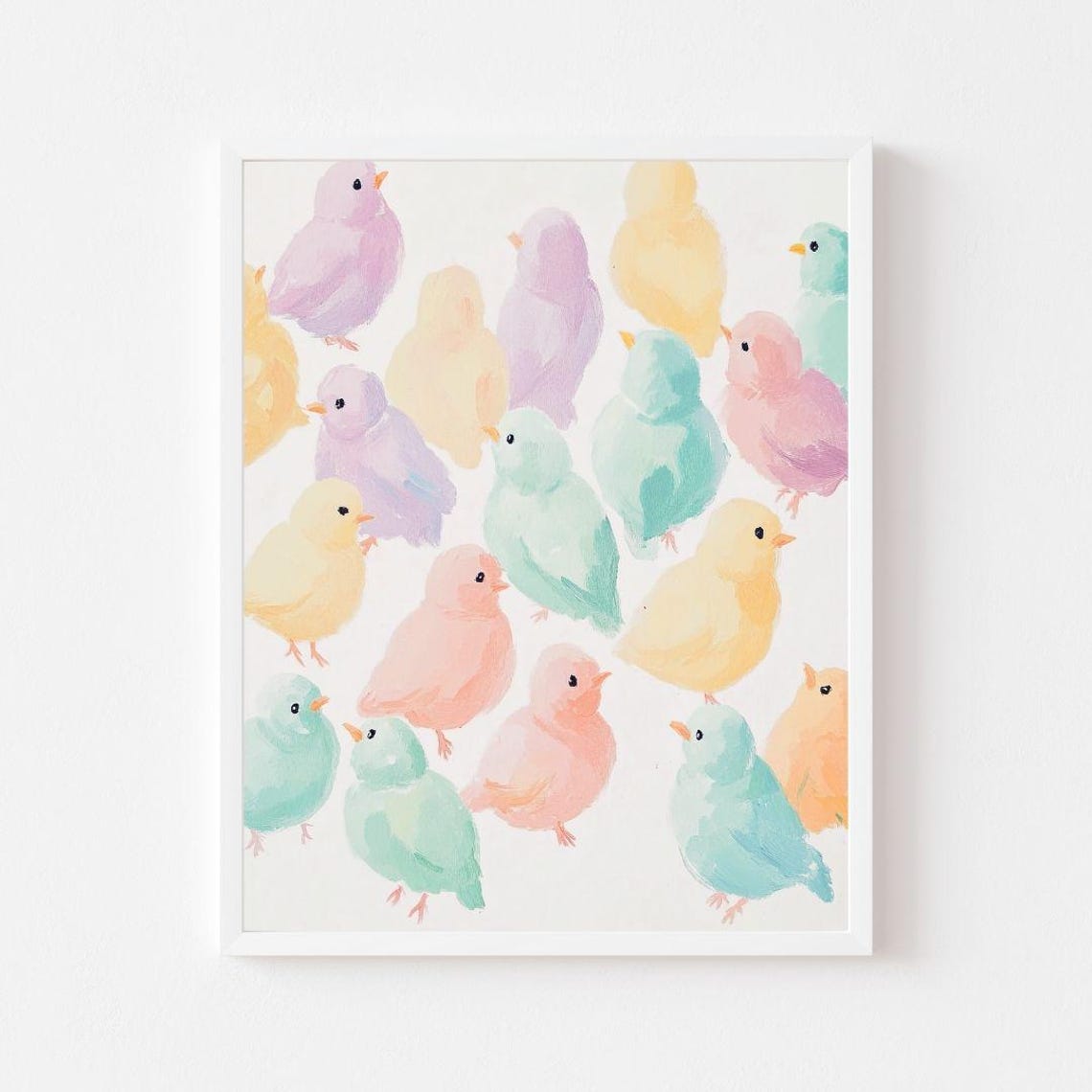 Pastel Baby Chicks Scattered on White Easter Painting Poster