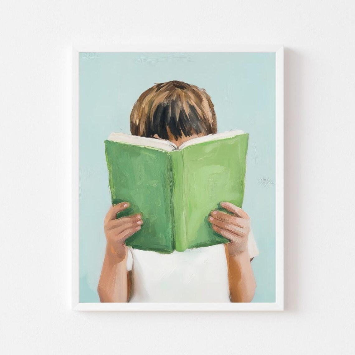 Brunette Boy Reading Green Book, Pastel Art Print