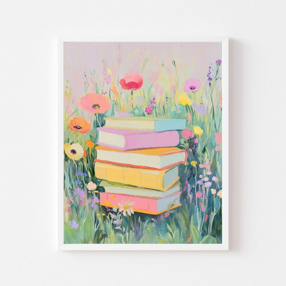 Book Stack in Flowers, Floral Reading Nook Art Print