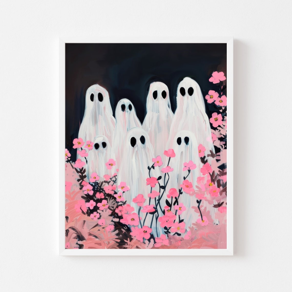 Cute Ghost Family Among Pink Flowers on a Spooky Night Poster