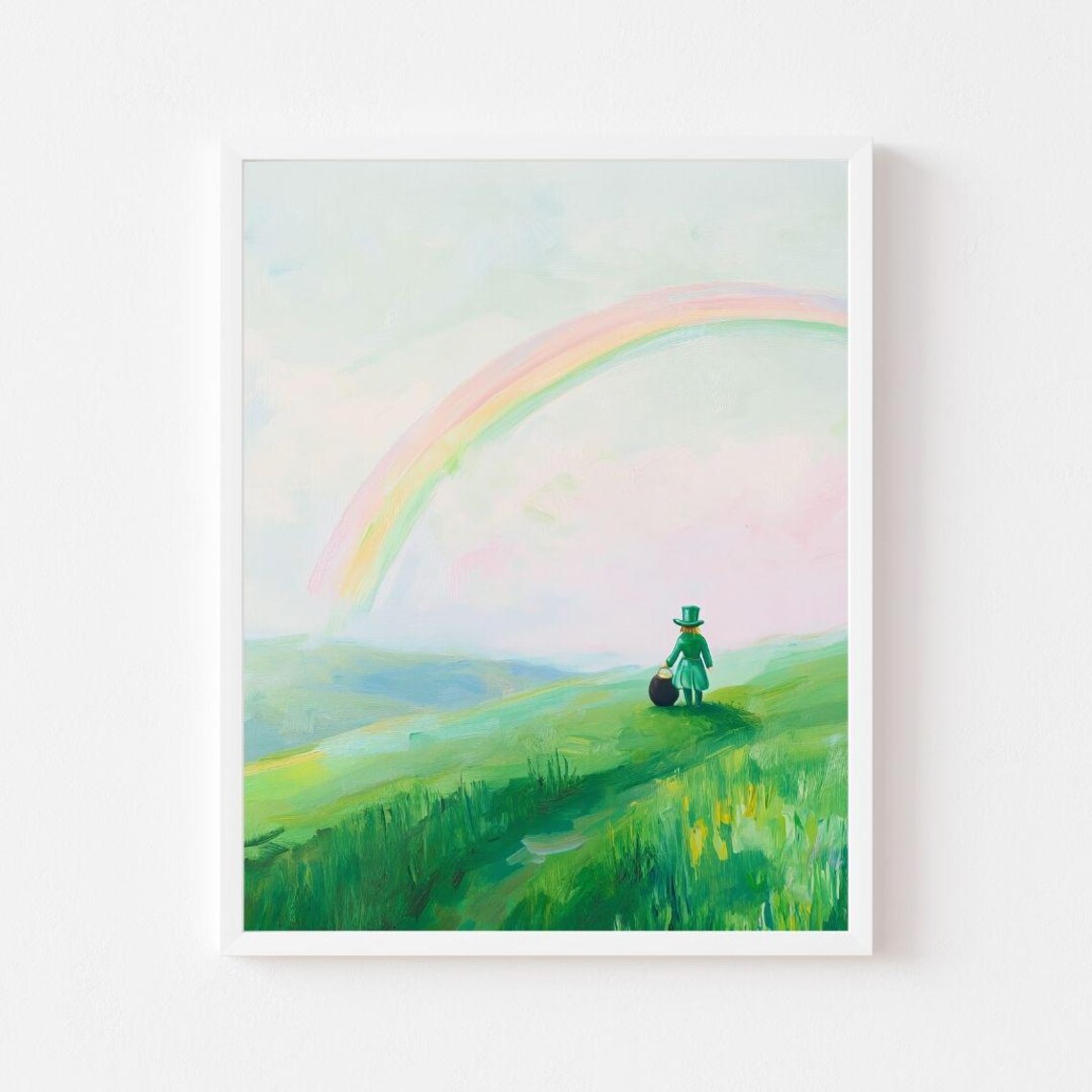 Rainbow and Leprechaun, Pastel St. Patrick's Day Art Print