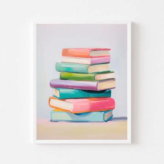 Pastel Book Stack Painting, Classroom Library Art Print
