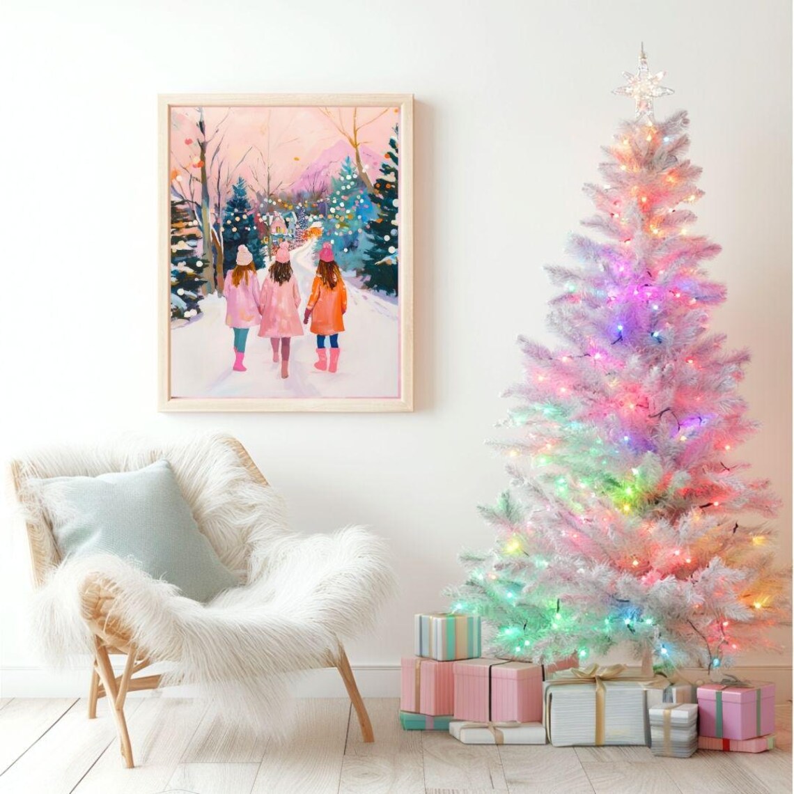 Three Girls in Christmas Village Holiday Art Print - Image 2