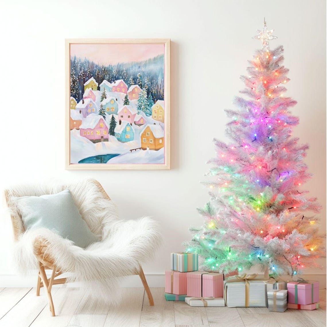 Pastel Snowy Mountain Village With Glowing Warm Windows Poster - Image 2