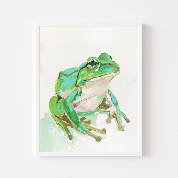 Cheerful Bright Green Frog Watercolor Nursery Animal Cozy Poster