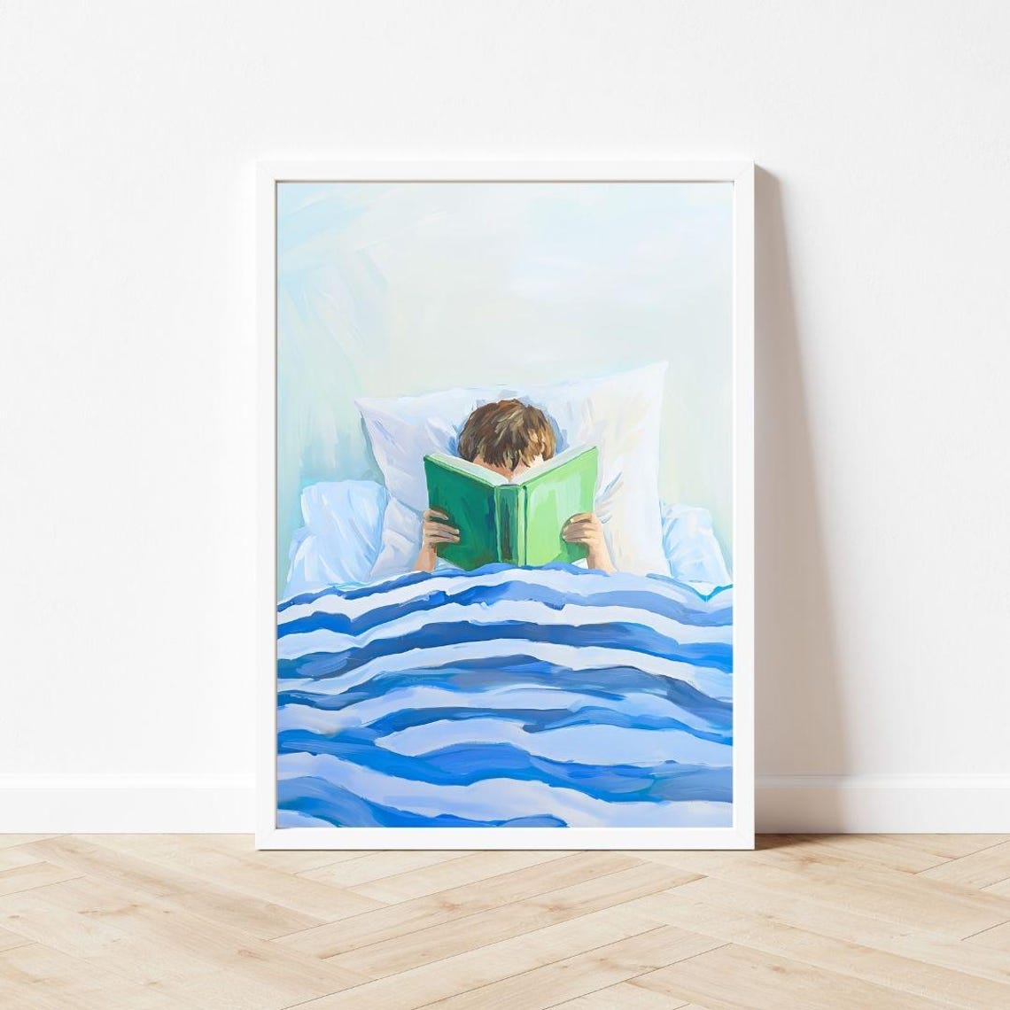 Boy Reading In Bed Green Book Cozy Blue Blanket Nursery Art Poster - Image 3