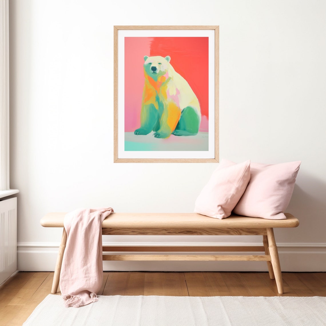 Colorful Polar Bear Portrait On A Bright Coral Red Background Poster - Image 2