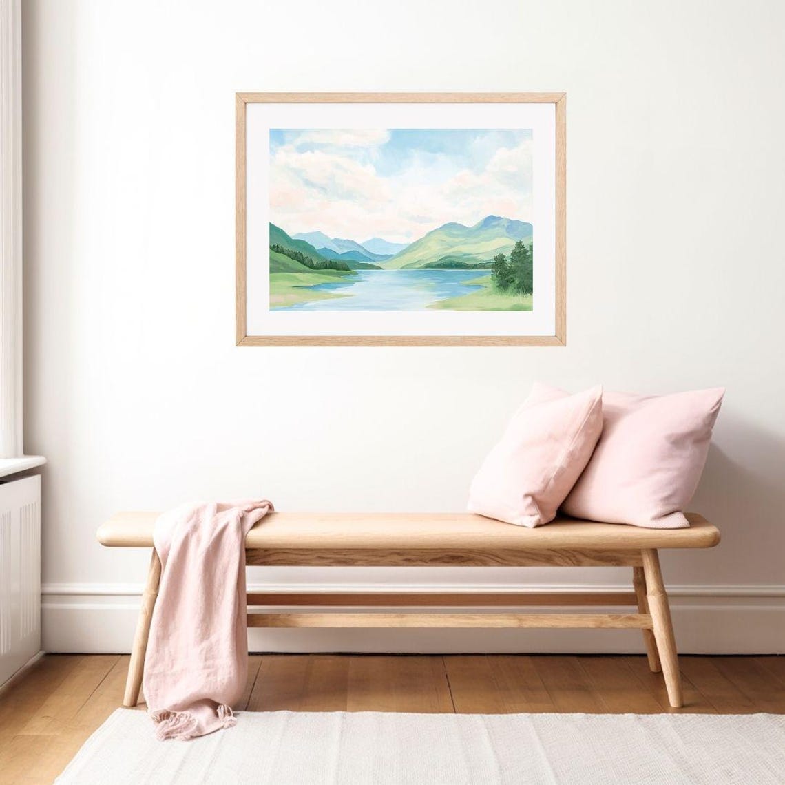 Green Mountain Lake Under Soft Clouds Pastel Landscape Poster - Image 2