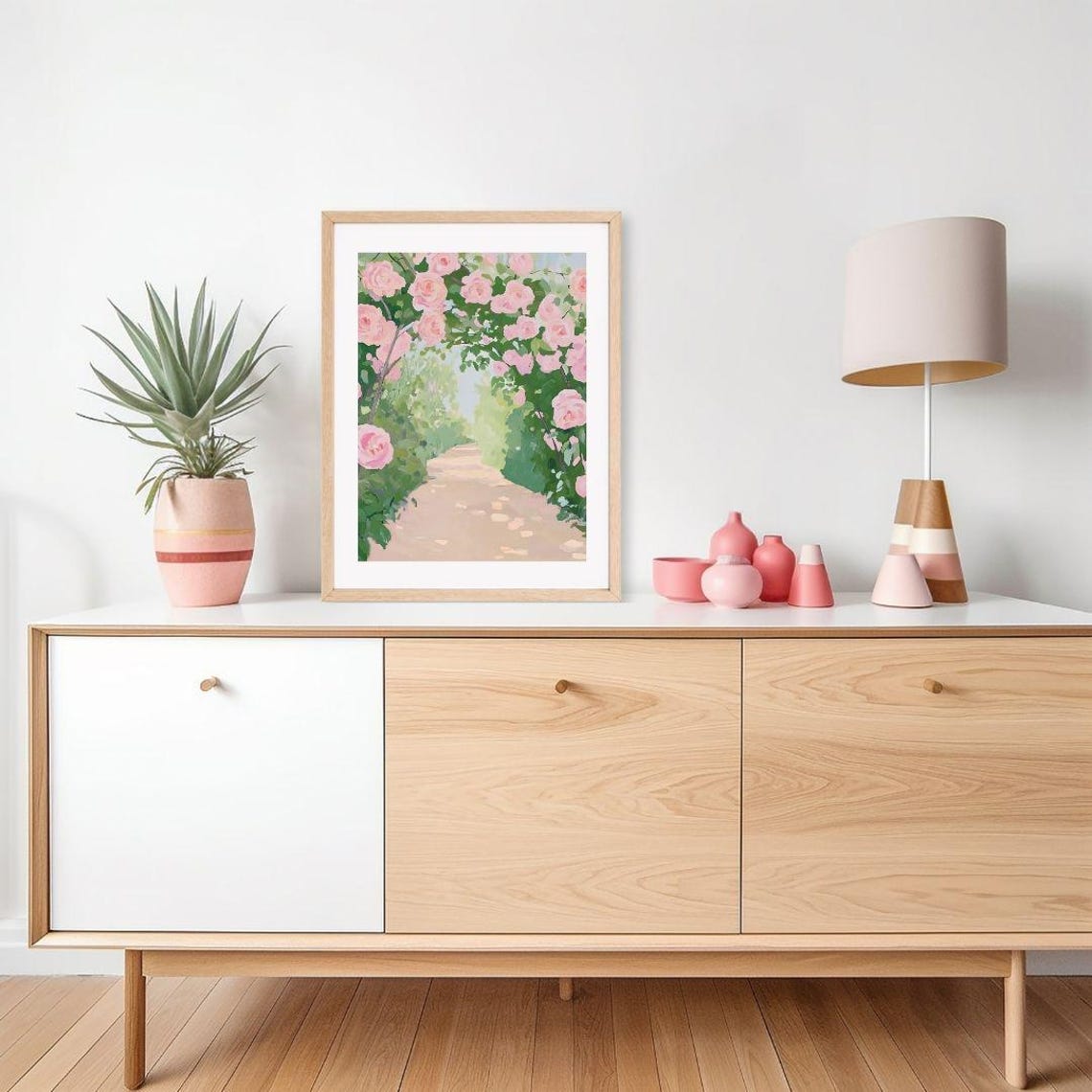 Pink Climbing Rose Path Secret Garden Pastel Landscape Painting Poster - Image 2