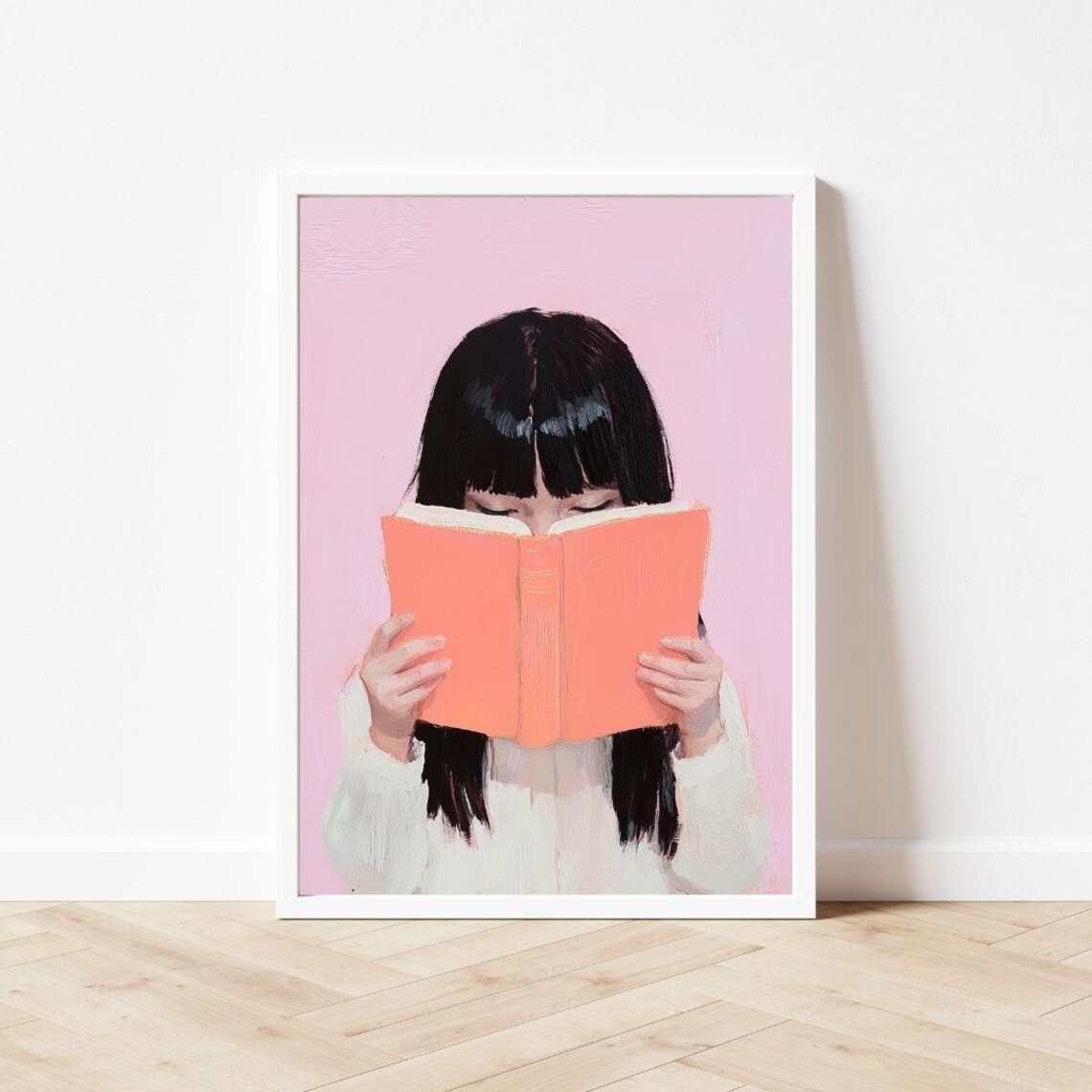 Asian Girl Reading Orange Book, Pastel Wall Art Print - Image 3