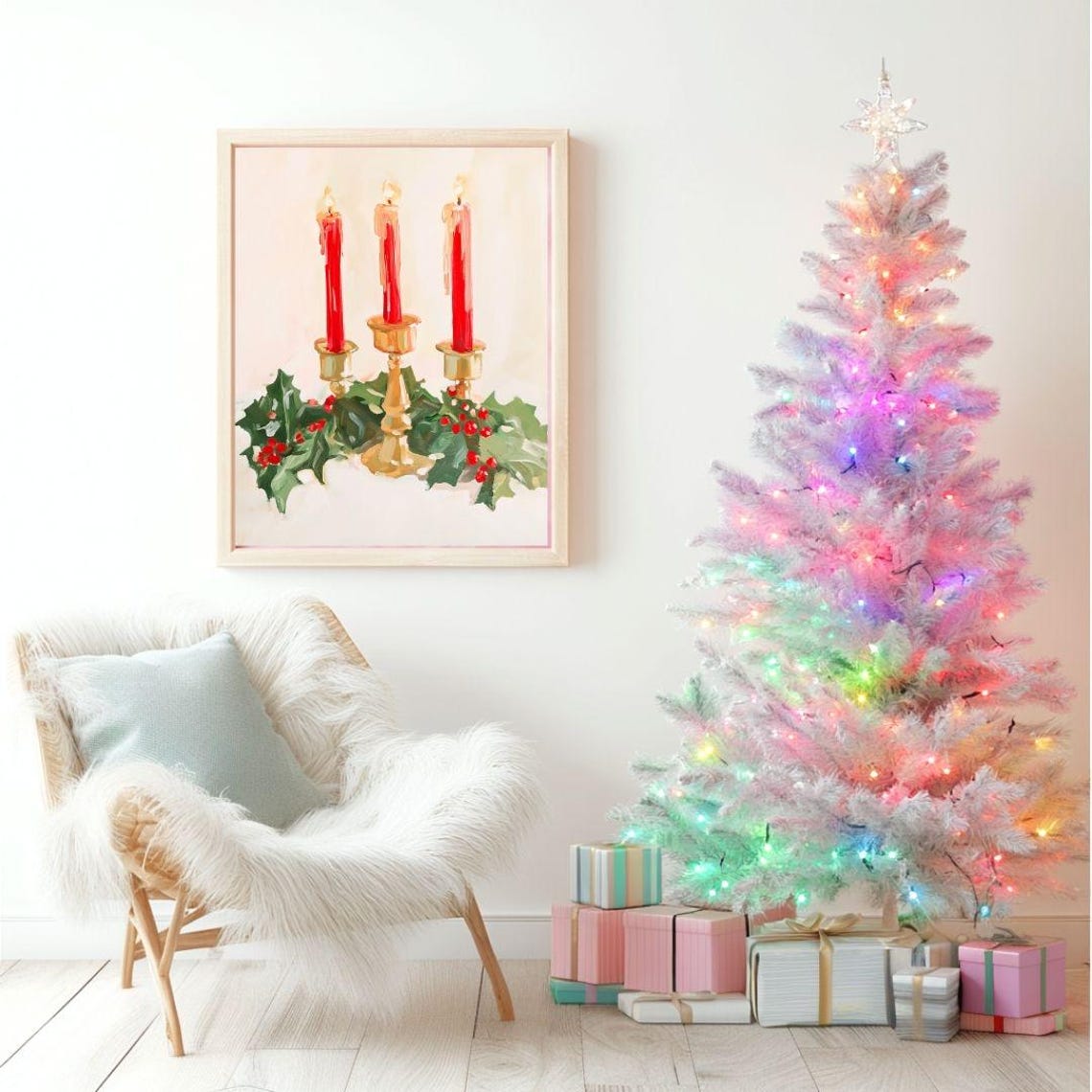 Red Advent Candles In Brass Holders With Green Holly Berries Poster - Image 2