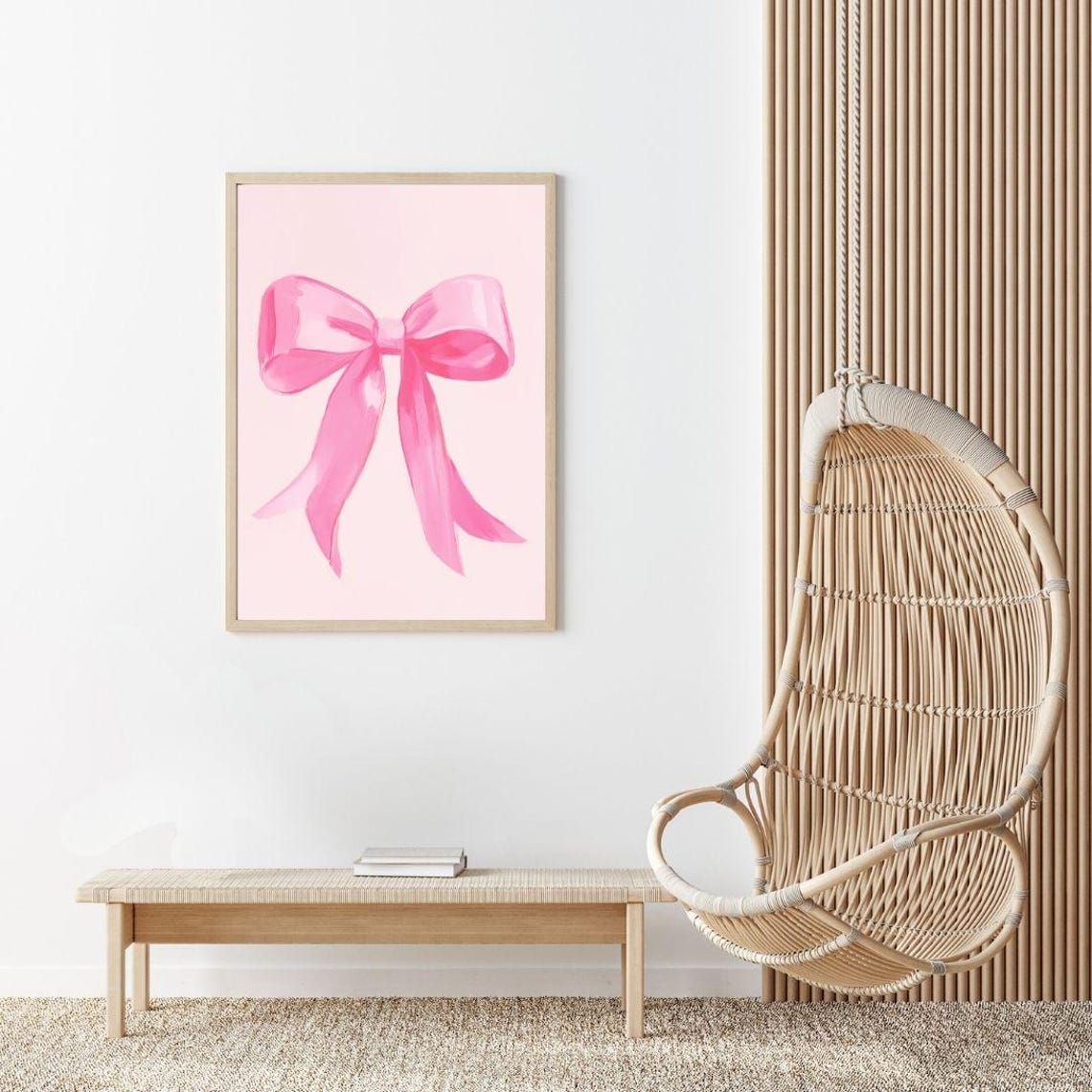 Pastel Pink Bow Painting Girls Nursery Wall Art Print Trendy Coquette Ribbon Vintage Girly Fashion Poster - Image 2
