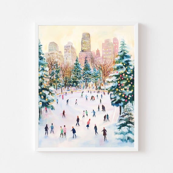 Christmas in the City, NYC Ice Skating Art Print