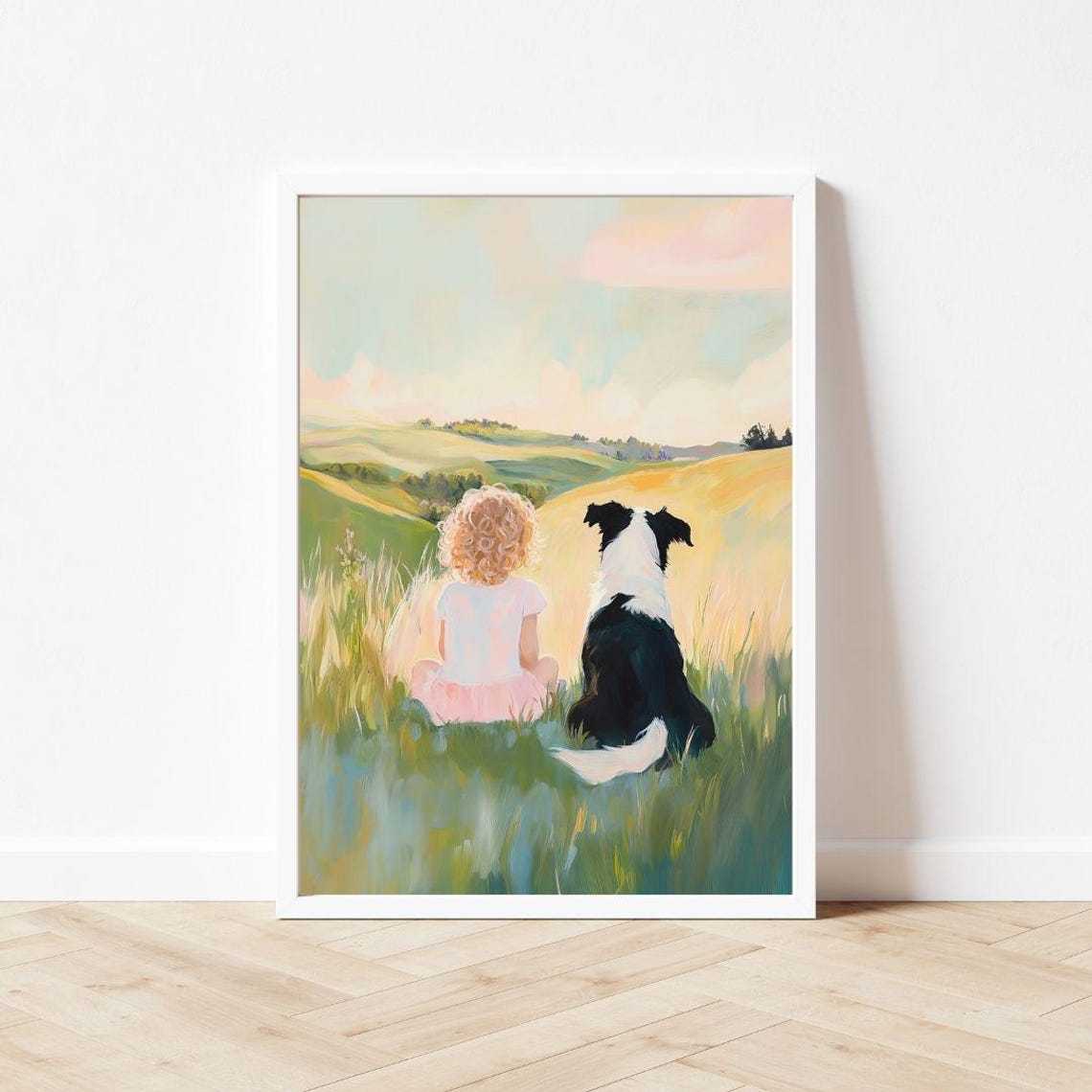 Little Girl And Border Collie On A Sunny Green Hillside Poster - Image 3