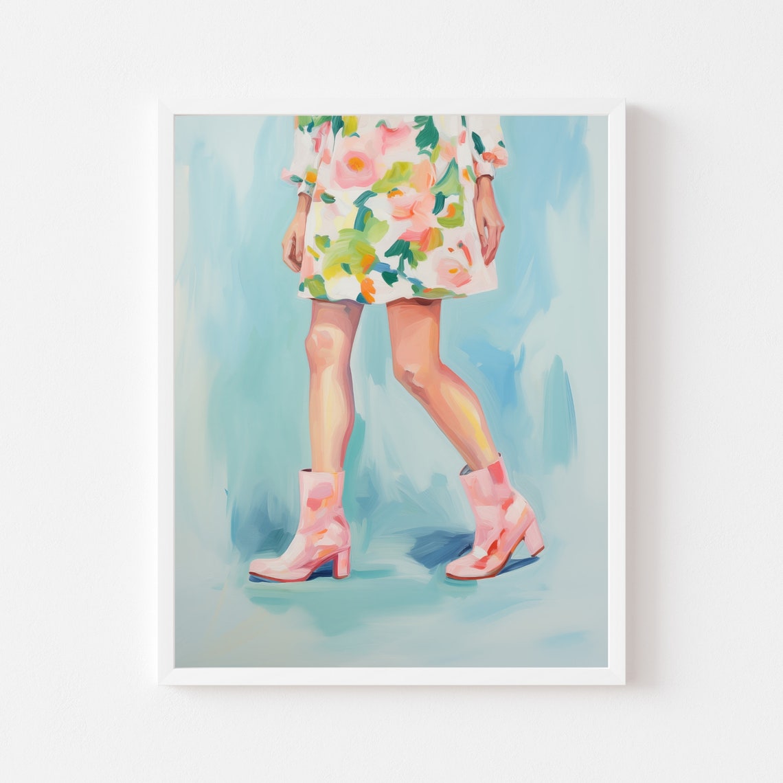 Floral Mini Dress And Pink Boots Fashion Illustration Poster
