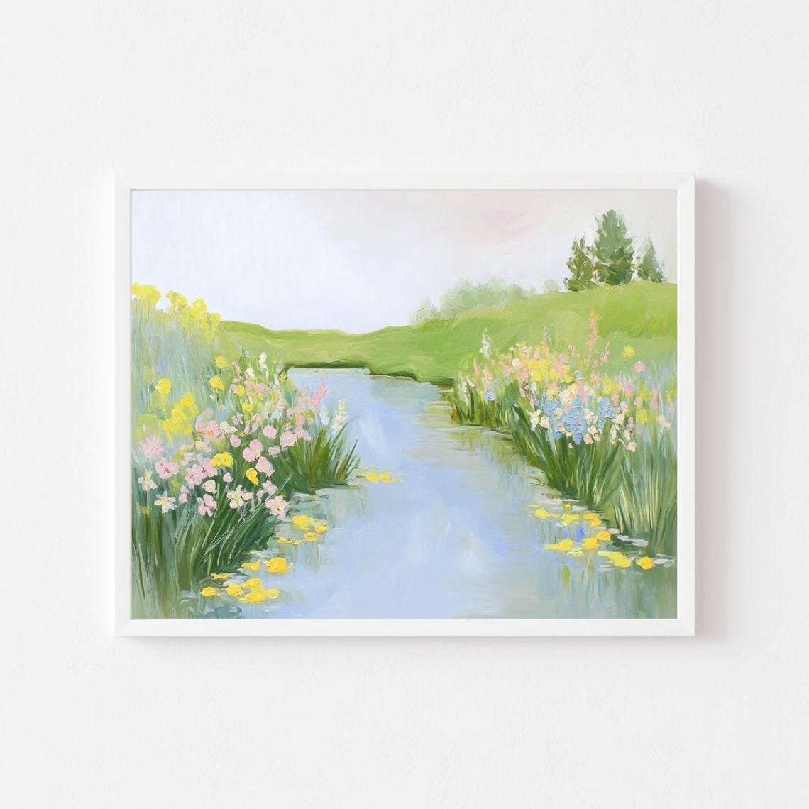 Spring River With Wildflowers Pastel Meadow Landscape Poster