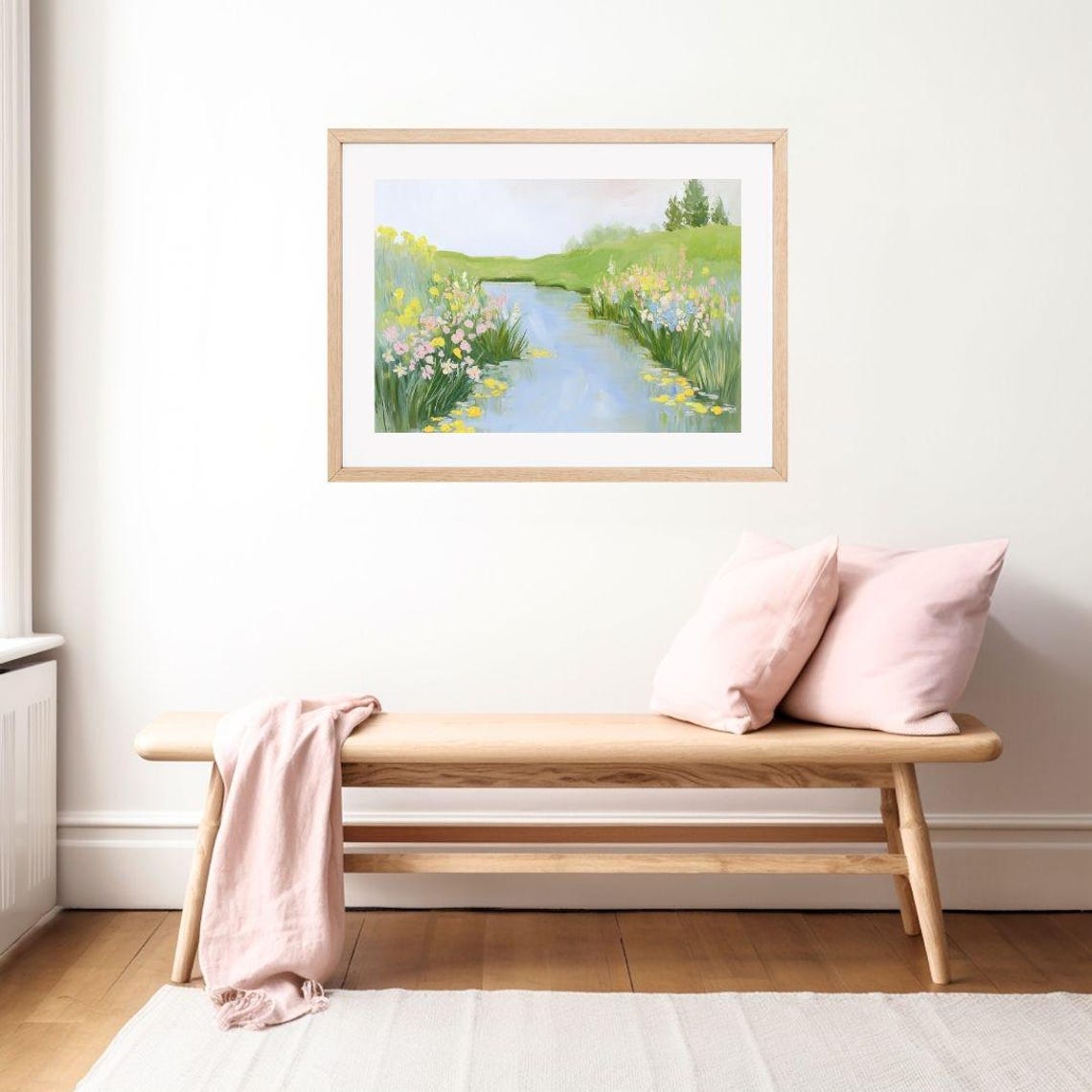 Spring River With Wildflowers Pastel Meadow Landscape Poster - Image 2