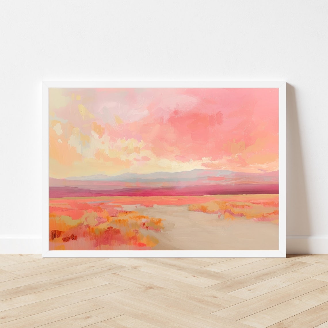 Pink Desert Sunset Landscape Painting in Warm Pastel Tones Poster - Image 2