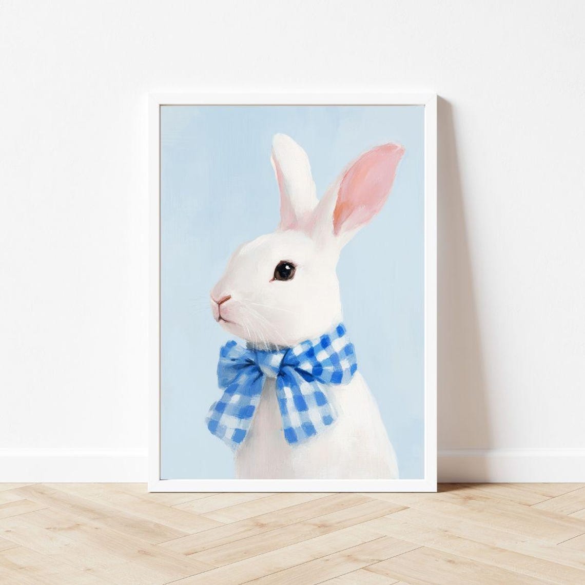 White Bunny With Blue Gingham Bow Pastel Rabbit Portrait Wall Poster - Image 3