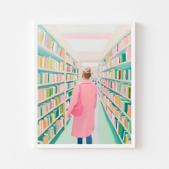Woman In Pink Coat At Bookstore Aisle Pastel Painting Book Lover Poster