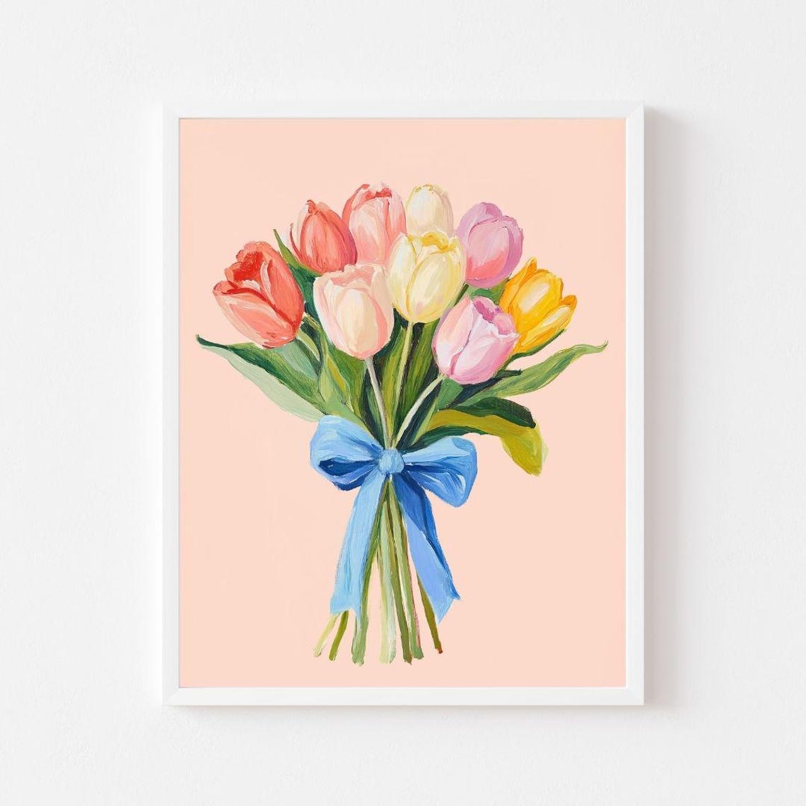 Tulip Bouquet Tied With A Blue Bow Pastel Floral Painting Poster