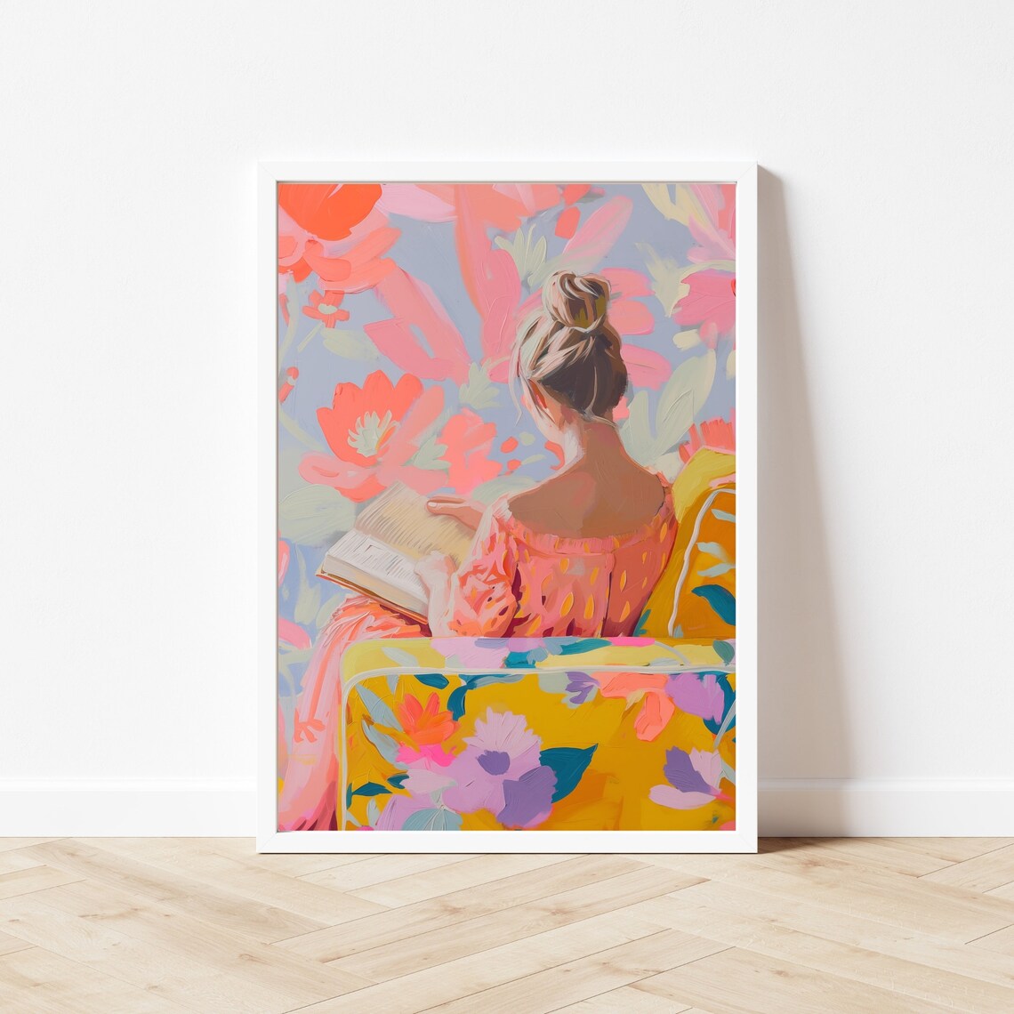 Blonde Woman Reading, Neon Pastel Boho Floral Art Print - Image 2