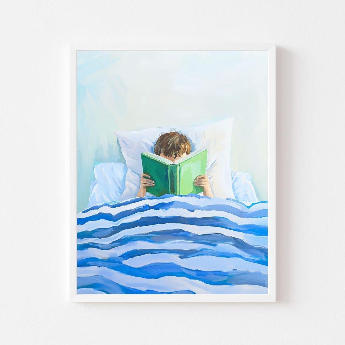 Boy Reading In Bed Green Book Cozy Blue Blanket Nursery Art Poster