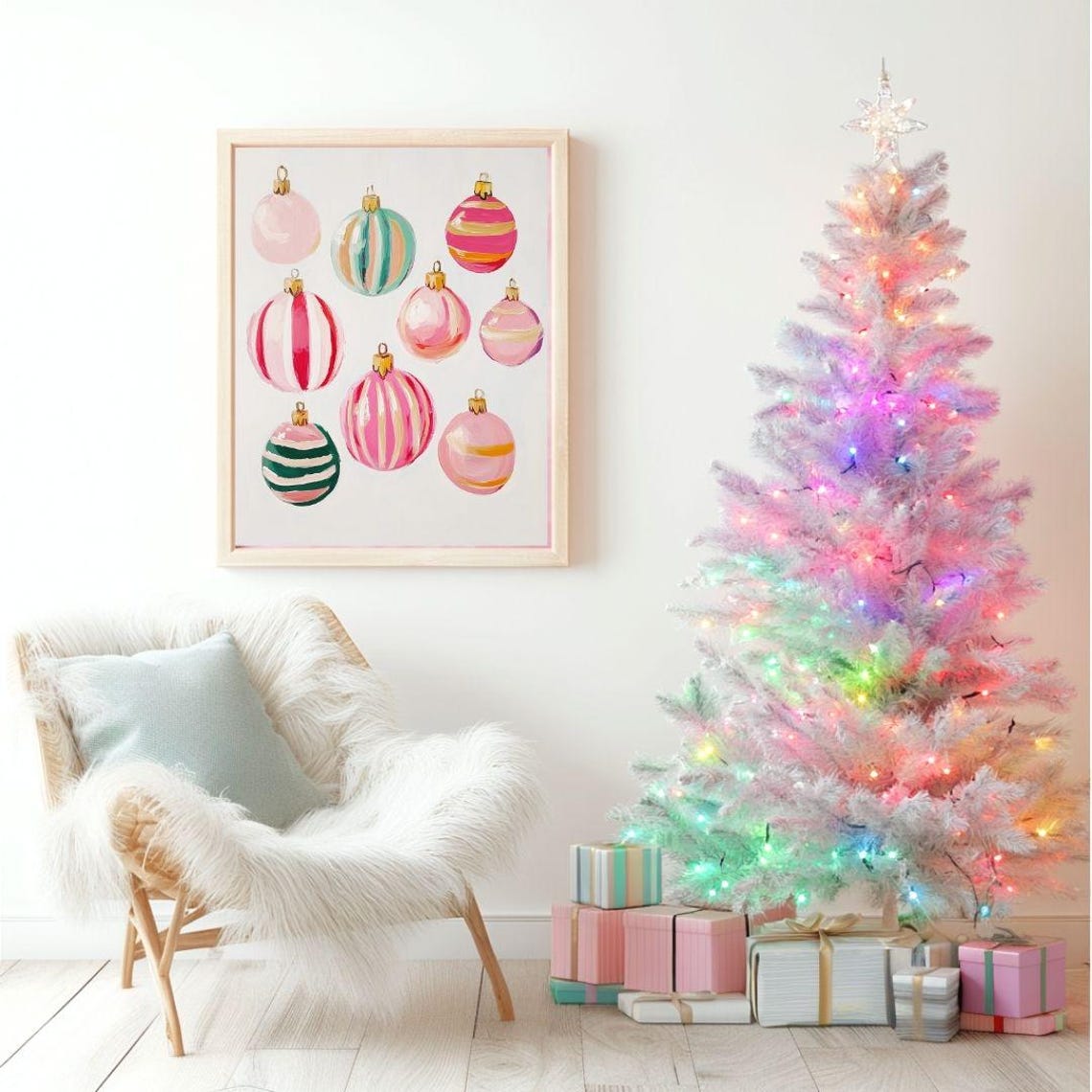 Pink Striped Christmas Ornaments Vintage Baubles Holiday Decor Poster - Image 2