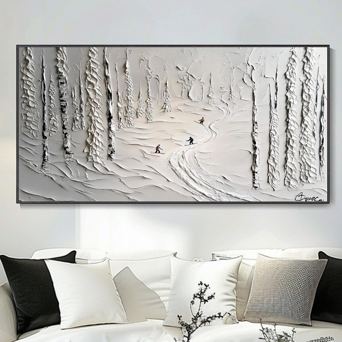 Snowy Forest Skiers White Monochrome Winter Ski Trail Art Poster