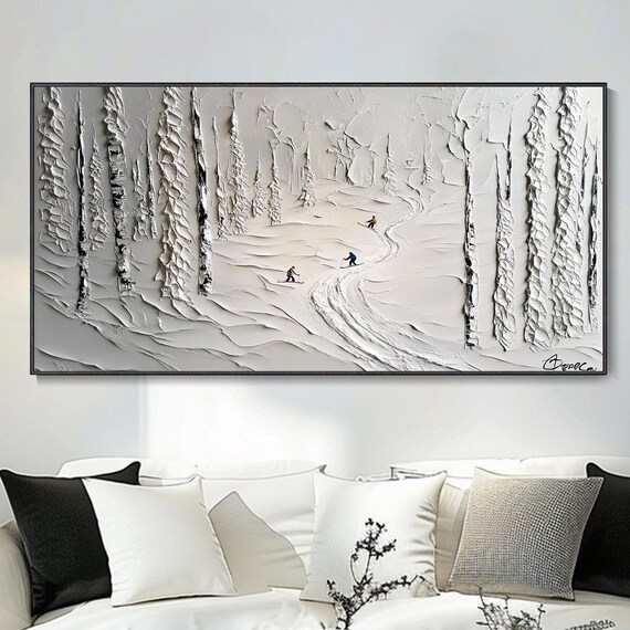 Original Hand Painted Oil Painting Snowy Skiing Scene Thick Texture Knife Art White Pine Sketch Winter Sports Decor Living Room