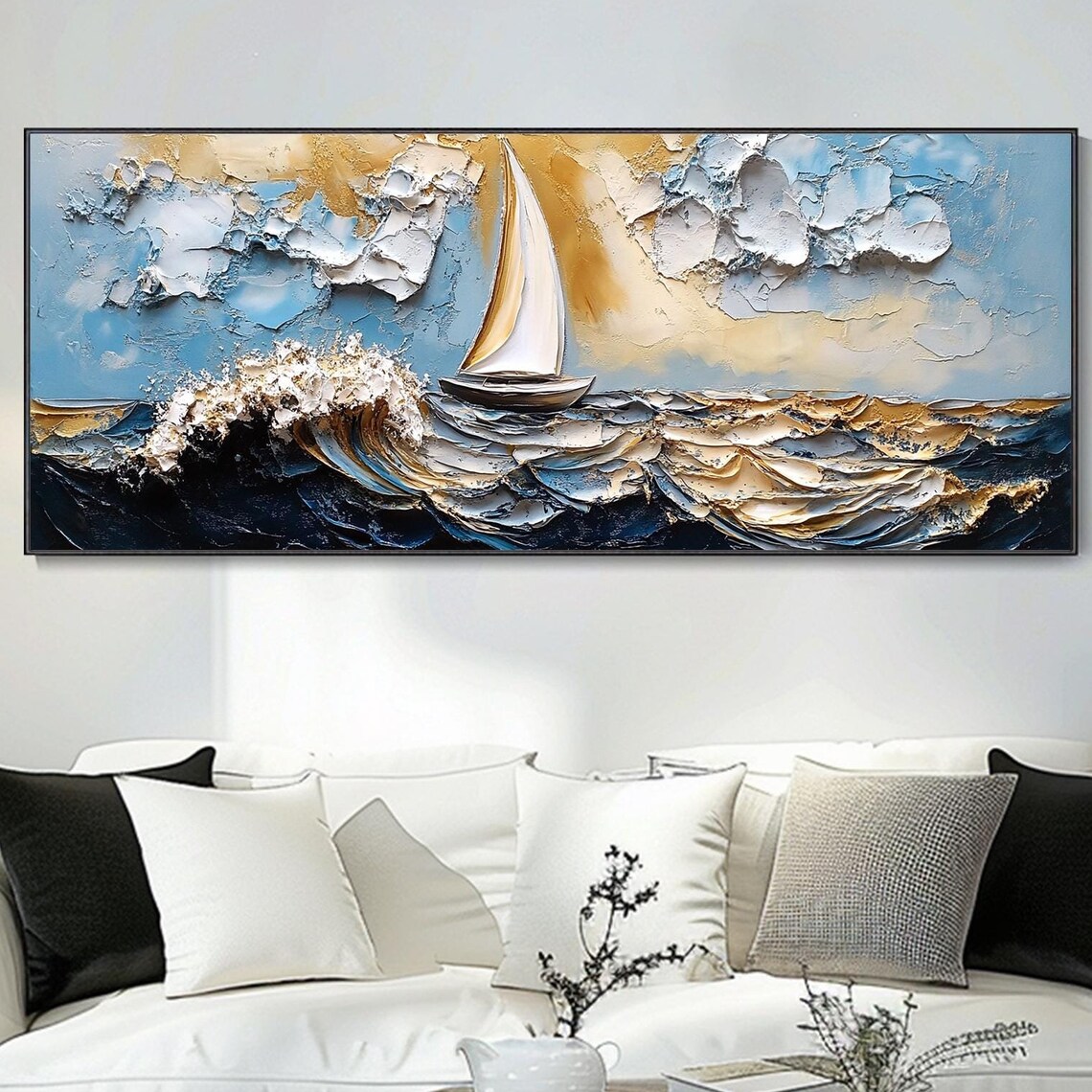 Golden Sailboat Ocean Waves Textured Impasto Seascape Art Poster