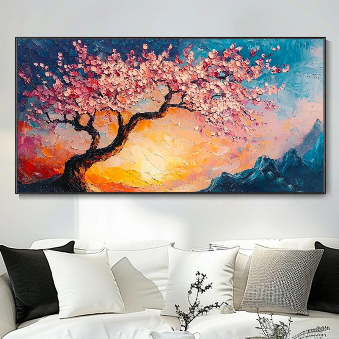 Cherry Blossom Tree Sunset Blue Mountains Impasto Art Poster