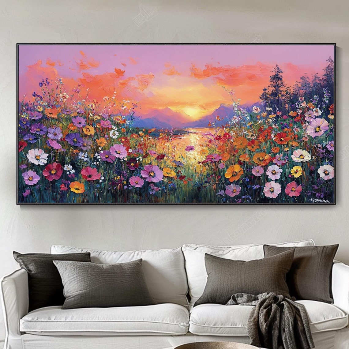 Wildflower Meadow Sunset Mountain Lake Landscape Modern Poster