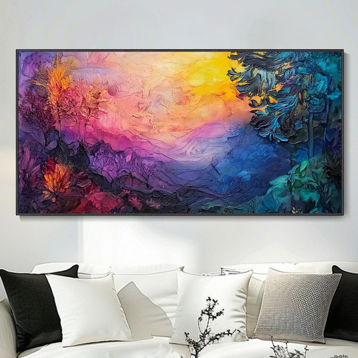Purple Mountain Sunset Abstract Landscape Teal Tree Art Poster