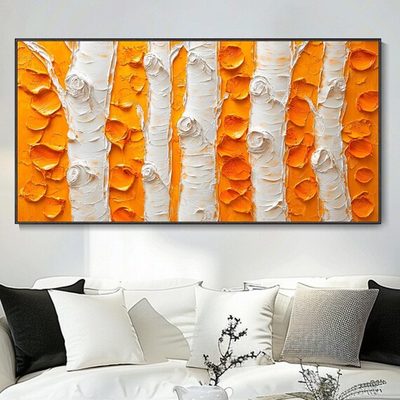 Original Large Birch Forest Oil Painting Thick Texture Hand Abstract Spring Forest Art Modern Landscape Wall Decor New Home Mural