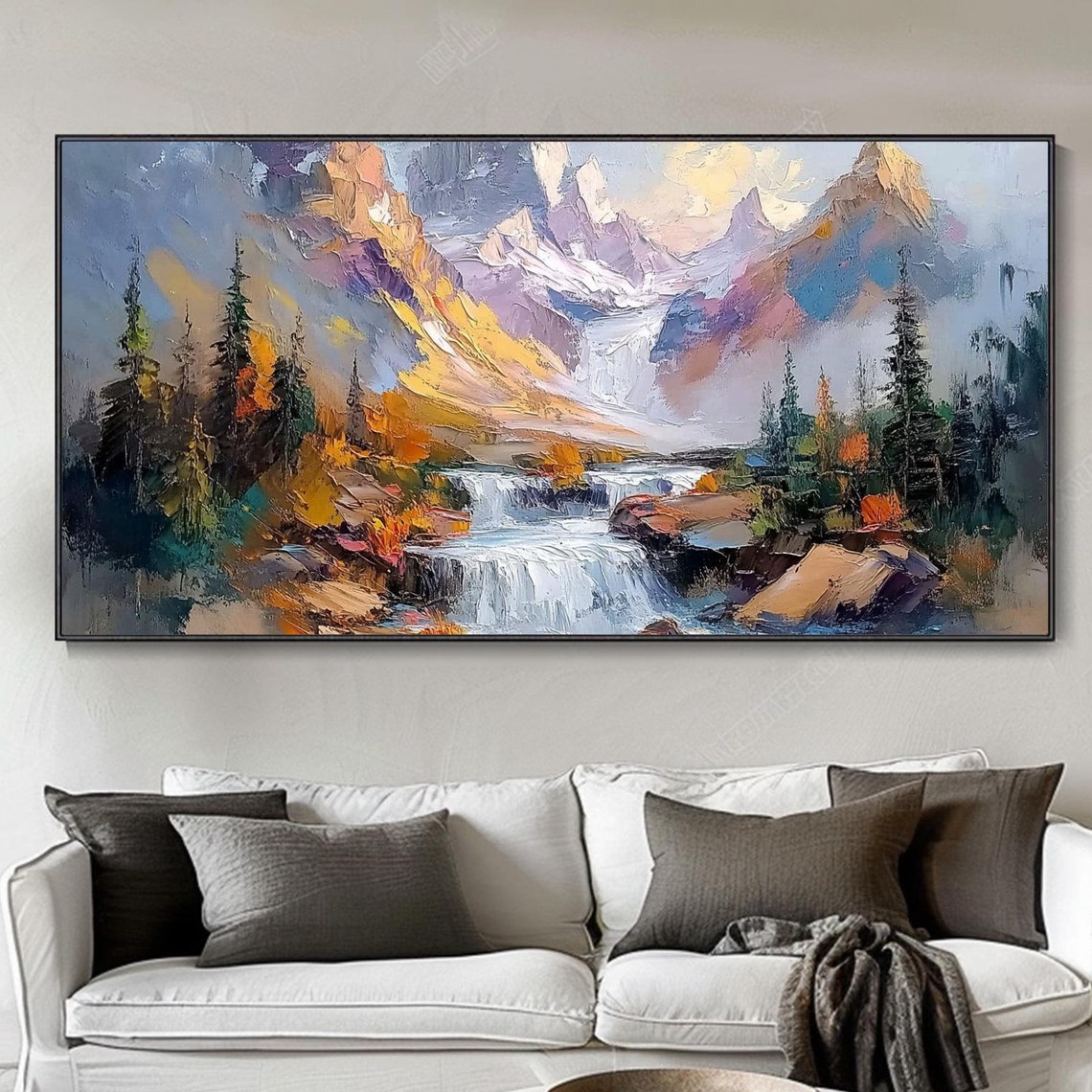 Mountain River Waterfall Autumn Pine Landscape Modern Poster